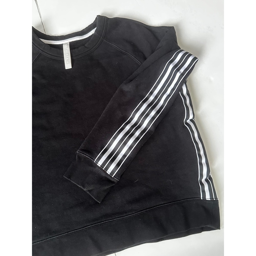 Athleta Womens Black Crewneck Sweatshirt White Side Stripe Fleece Pullover Small - Picture 2 of 3